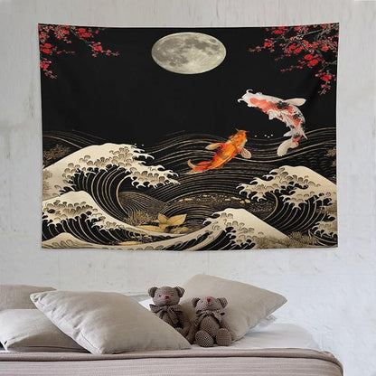 Houselerax Koi Fish Tapestry, Japanese Style Yin Yang Big Wave Cherry Blossom Tapestries Wall Hanging for Bedroom Living Room Office Decor 80"x60"