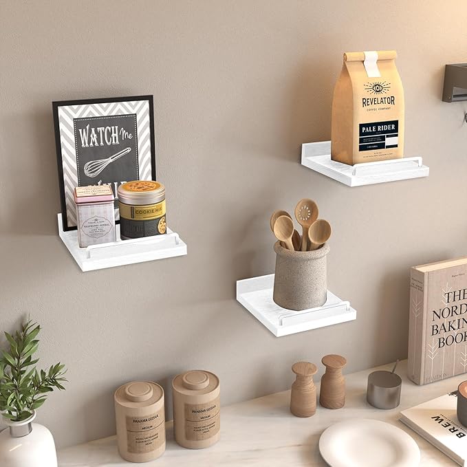 Small Floating Shelf, 6 X 6 Inches Farmhouse Wall Shelves for Living Room, Bedroom, Picture Frames, Plants, Kitchen, Set of 3 (White)