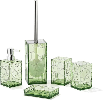 Clear Acrylic Bathroom Accessories Set - Rust-Free, Transparent Design - Includes Soap Dispenser, Toothbrush Holder, Cup, Soap Dish, and Toilet Brush 5-Piece (Saga Green)
