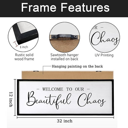 Welcome To Our Beautiful Chaos Sign Wall Decor Framed Wood 32X12 Inch For Rustic Home Living Room Entryway Bedroom Hanging Art (Wood)