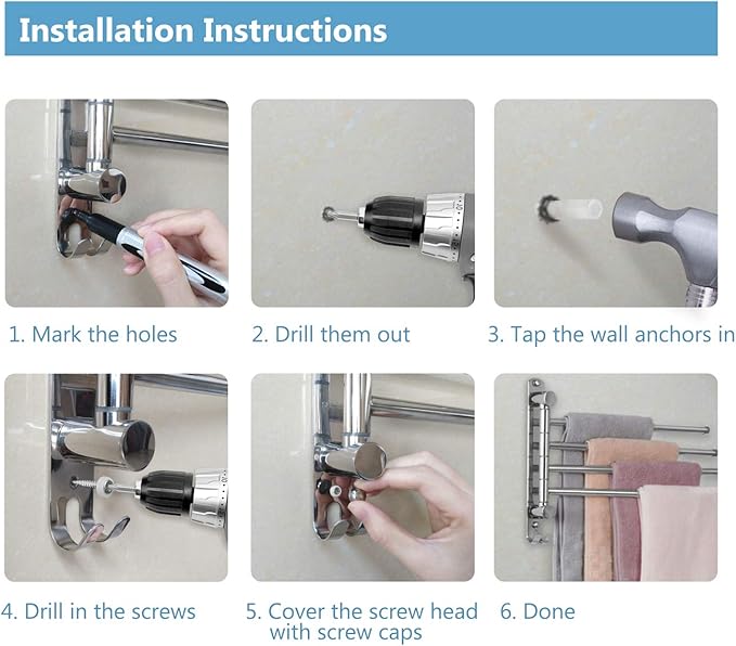 Bathroom Towel Rack JSVER 4 Arms Swivel Towel Holder, Towel Bar Wall Mounted, SUS304 Stainless Steel Space Saving Towel Rack, Towel Racks for Bathroom, Kitchen