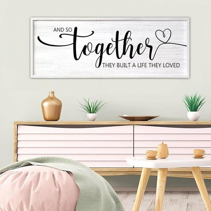And So Together They Built A Life They Loved Decorative Rustic Sign & Plaque Framed Wall Art for Couples, 40''×15' Wooden Long Wall Decor Above Bed, Vintage Horizontal Farmhouse Wedding Gift