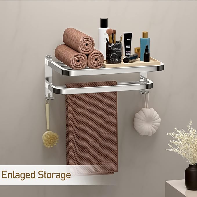DDS-DUDES Bathroom Towel Rack Towel Shelf with Double Towel Bars Lavatory Wall Mount Holder with Hooks Stainless Steel Hotel Bath Rack 15 inches