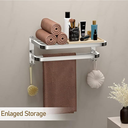 DDS-DUDES Bathroom Towel Rack Towel Shelf with Double Towel Bars Lavatory Wall Mount Holder with Hooks Stainless Steel Hotel Bath Rack 15 inches