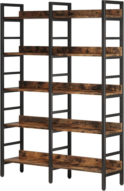 Tribesigns 5-Tier Industrial Bookshelf, 71”H x 47”W Etagere Bookcase, Freestanding Double Wide Book Shelf for Storage and Display, Wood and Metal Bookshelves for Living Room Home Office, Rustic Brown