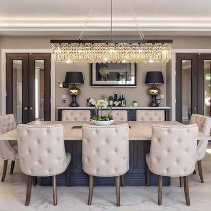 Rectangular Black Crystal Chandelier,10 Light Crystal Chandeliers for Dining Room, Rectangle Light Fixture for Kitchen Island L47''xW10''x H10''