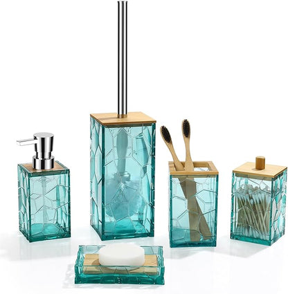 Teal Blue Beach Bathroom Accessories Set, Toothbrush Holder, Soap Dispenser, Cotton Swabs Holder, Soap Dish, Toilet Brush with Holder, Boho Bamboo Bathroom Decor,Acrylic (Teal)