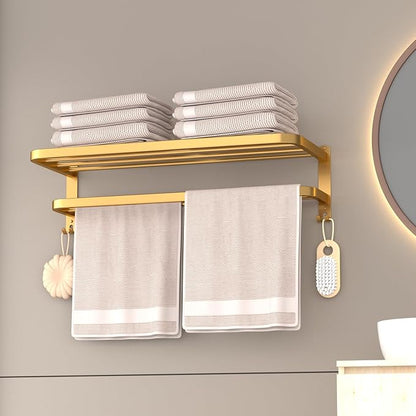 DDS-DUDES Gold Bathroom Towel Rack Towel Shelf with Double Towel Bars Lavatory Wall Mount Holder with Hooks Golden Stainless Steel Hotel Bath Rack 23 inches