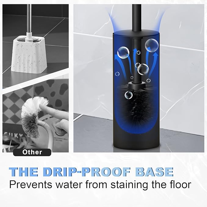 Toilet Brush and Holder Set, NEWRAIN 304 Stainless Steel Toilet Brush with Long Brush Handle, Matte Black Toilet Scrubber and Covered Holder, Round Design Sturdy and Space Saving, Covered Brush