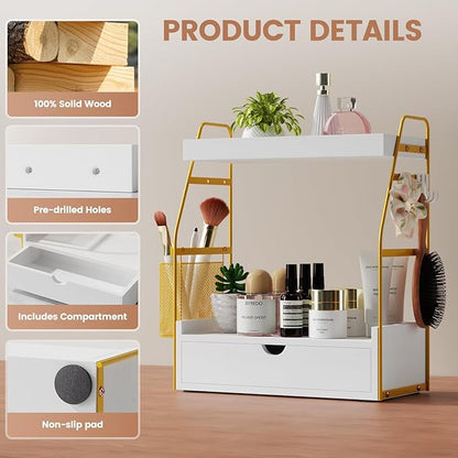 2 Tier Bathroom Counter Organizer with Drawer & Basket, Wooden Vanity Tray Countertop Shelf Accessories for Makeup Storage, Coffee Bar Station, Perfume Skincare, Kitchen, Bedroom (White)