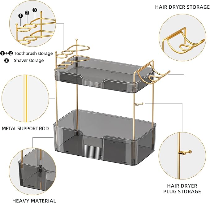 Bathroom Counter Organizer with Hair Dryer Holder, Hair Tool Countertop Storage, Cosmetics Skincare Shelf Organizer, Makeup Organizer Perfume for Dresser Vanity Tray(2 Tier-Grey)