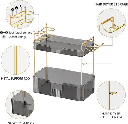 Bathroom Counter Organizer with Hair Dryer Holder, Hair Tool Countertop Storage, Cosmetics Skincare Shelf Organizer, Makeup Organizer Perfume for Dresser Vanity Tray(2 Tier-Grey)