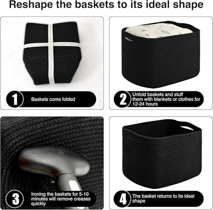 Storage Baskets for Organizing & Shelves, Woven Cotton Rope Organization Bins for Dog Toys, Clothes, Books, Nursery Organizer, 15" Lx11''Wx9.5''H, (4 Packs) Black