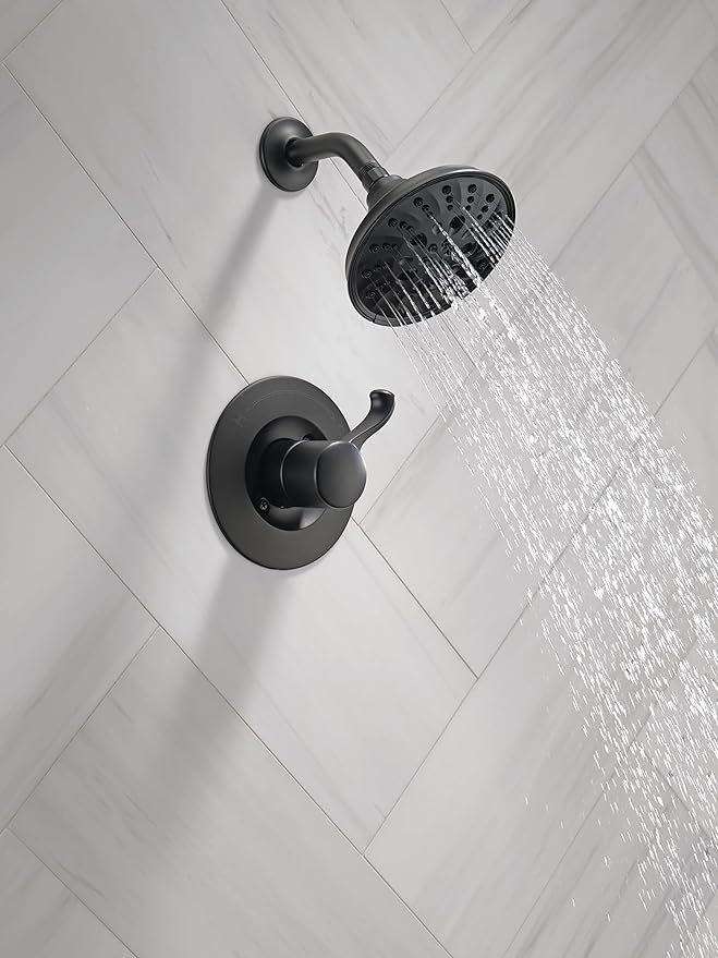 Delta Faucet Esato 14 Series Single-Handle Black Shower Faucet, Shower Trim Kit with 5-Spray H2Okinetic Black Shower Head, Matte Black 142897-BL (Valve Included)