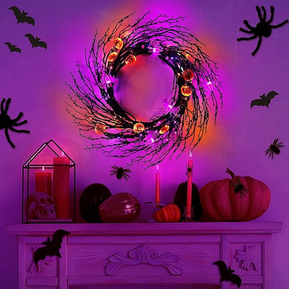 7 Ft 63 LED Halloween Willow Vine Twig Garland with 8 Modes Timer Orange Purple 21 Pumpkin Bats Lights,Halloween Garland with Waterproof Battery Operated for Indoor Wall Fireplace Decorations