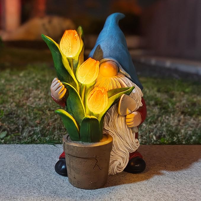 COWOS Garden Gnome Statue, Sculpture of a Dwarf Holding a Shovel and a Flower Pot, Solar Gnome Statues Outdoor Decor, Outside Lawn Patio Yard Ornament Gifts