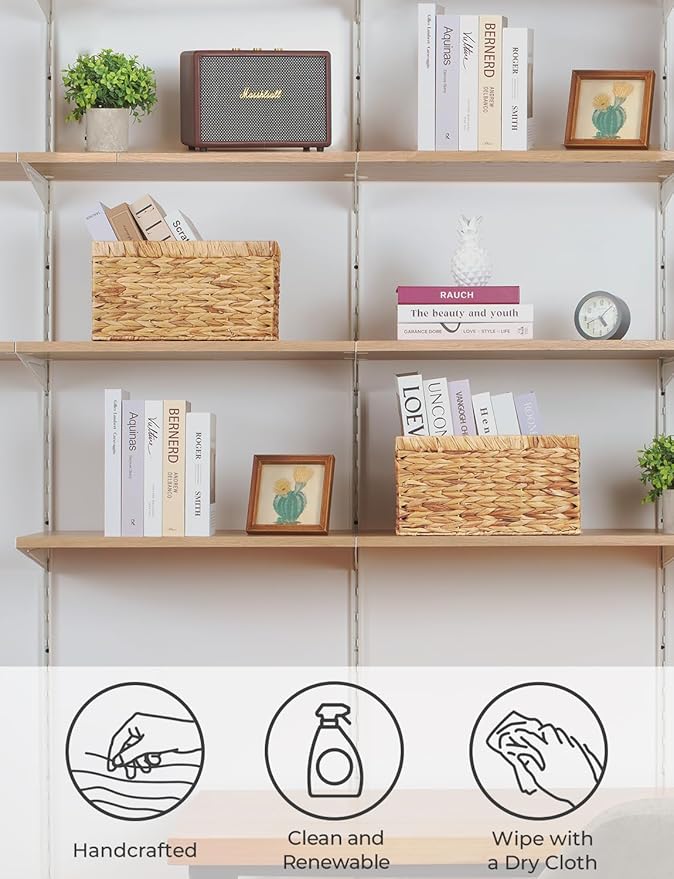 StorageWorks Wicker Basket, Baskets for Organizing, Storage Basket with Built-in Handles, Water Hyacinth Shelves (Medium 2-Pack, Natural Hyacinth)