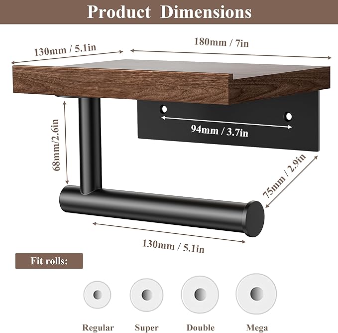 Tindbea Toilet Paper Holder with Wood Shelf, Wooden Wall Mount Tissue Paper Roll Holder, Matte Black Stainless Steel Bathroom Accessories Decor Household Home Apartment Restroom Essentials (Walnut)