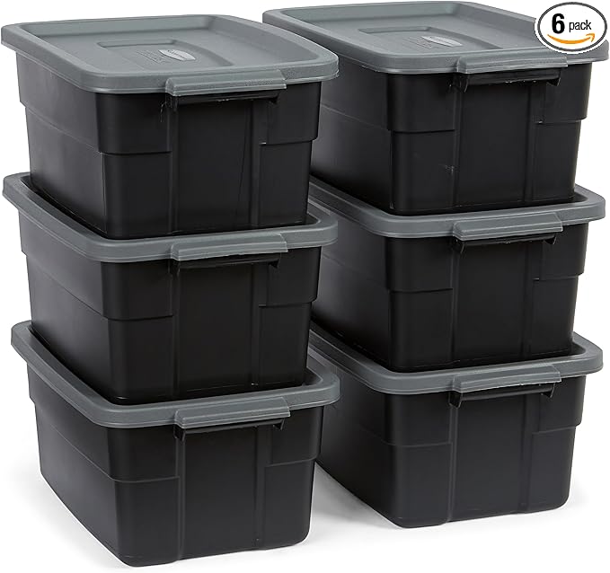 Rubbermaid Roughneck Tote 3 Gal, 6 Pack, Made in USA, Black & Gray, Rugged Plastic Stackable Storage Bins with Lids and Handles
