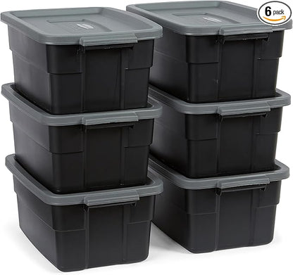 Rubbermaid Roughneck Tote 3 Gal, 6 Pack, Made in USA, Black & Gray, Rugged Plastic Stackable Storage Bins with Lids and Handles