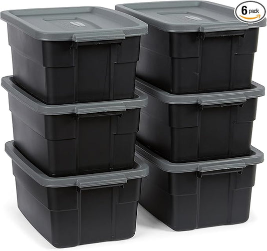 Rubbermaid Roughneck Tote 3 Gal, 6 Pack, Made in USA, Black & Gray, Rugged Plastic Stackable Storage Bins with Lids and Handles
