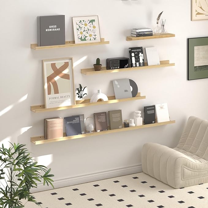 SAUMONIERES Picture Ledge Shelf Floating Book Shelves Set of 2 Wall Mounted Solid Wood for Bedroom Bathroom Living Room Kitchen, 55 Inch Natural