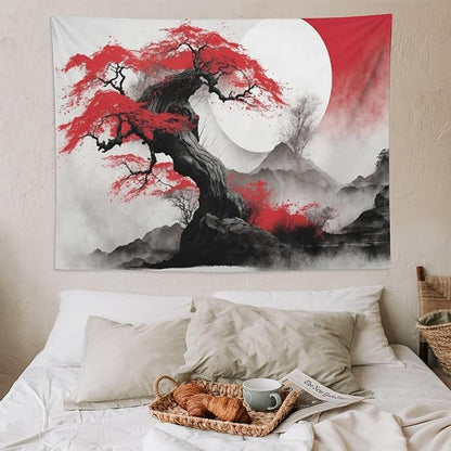 Cherry Blossoms Tapestry,Japanese Red Landscape Asian Watercolor Abstract Art Tapestry,Japanese Wall Tapestry, Nature Landscape Tapestries for Bedroom Living Room Decor 80"x60"