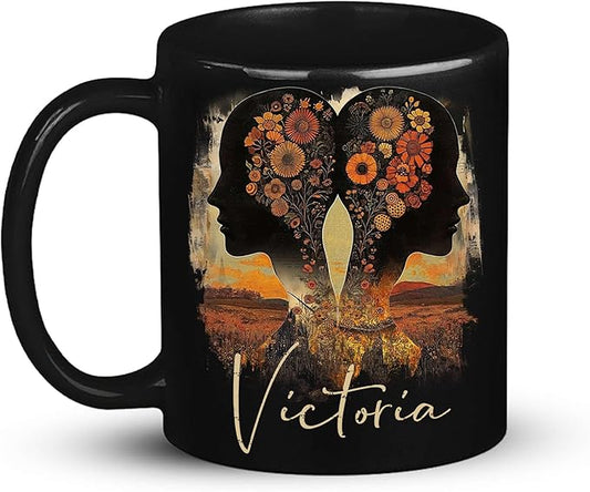 Personalized Autumn Landscape Black Cup, Custom Name Coffee Mug 11oz 15oz, Custom Floral Silhouette Ceramic Cup, Gifts for Women, Zodiac Inspired Coffee Mug, Gifts for Birthday