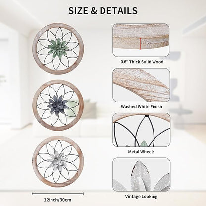 Paquesta 3 Piece Round Farmhouse Wall Decor with 6 Piece Interchangeable Flowers 12'' Medallion Wood & Metal Rustic Wall Art for Living Room Bedroom Kitchen Bathroom Dining Room Home Decorations