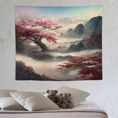 Japanese Tapestry, Red Plum Cherry Blossom Mountain Tapestry, Asian Japanese Wall Tapestry, Nature Landscape Tapestries for Bedroom Living Room Decor 60"x50"