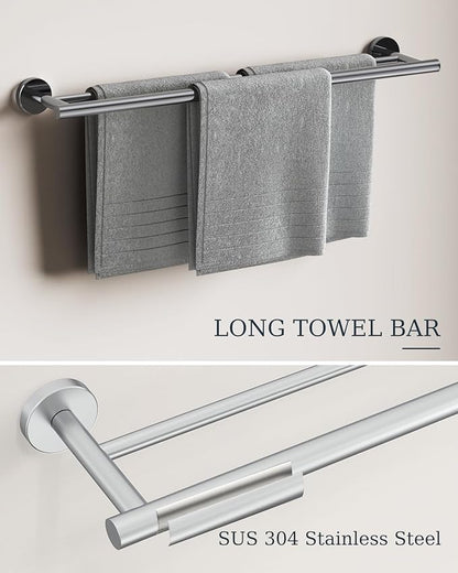Chrome Bathroom Accessories Set, SUS304 Stainless Steel 5 Pieces Bathroom Hardware Set, 24 Inch Double Bath Towel Bar Set, 2 Towel Hooks, Toilet Paper Holder, Towel Racks for Bathroom Wall Mounted