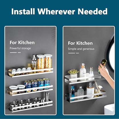 Rustproof Metal Storage Floating Shelves Wall Mounted Rectangular Shelf for Bedroom,Bathroom, Living Room, Kitchen, and Laundry Room,Nail-Free Wall-Mounted Shelves（7.9 Inch Silver）