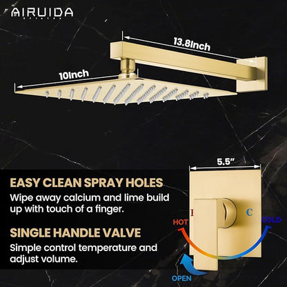 Airuida Shower Faucet Set Bathroom Rain Shower System SUS304 Stainless Steel Single Handle With Male Threads Rough-in Valve Shower Trim Kit 10 Inch Wall Mount Shower Head Brushed Gold