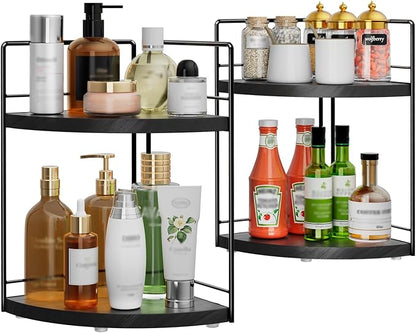 2 Pack Bathroom Counter Organizer,2 Tier Corner Bathroom Counter Organizer,Black Wooden Vanity Organizer for Bathroom Organizers and Skincare Cosmetics Dresser Storage