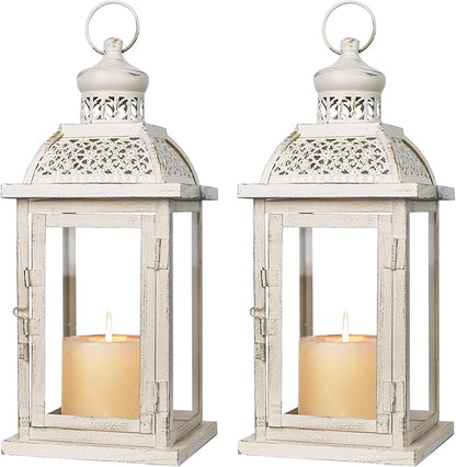DECORKEY Lantern Decorative Indoor&Outdoor, 2 Pack 14.4'' Large Metal Candle Lanterns, Vintage Hanging Candle Holders for Farmhouse Wedding Front Porch Patio, Halloween Christmas Decorations for Home