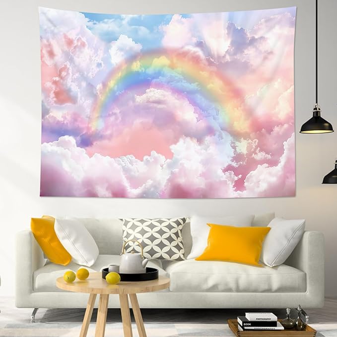 HVEST Rainbow Cloud Tapestry Wall Hanging - Pink Cloud With Glow Sunshine in Pastel Sky, Aesthetic Nature Landscape for Living Room Bedroom Decor, 80x60 Inches