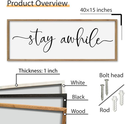 SRSZHIYUE Stay Awhile Sign Wall Decor Art 40"×15" Home Entryway Hallway Signs Large Wood Framed Wall Hanging (Wood)