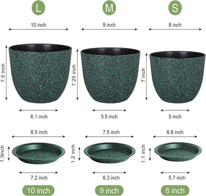 Plant Pots 10/9/8 inch, Set of 3 Modern Decorative Plastic Planters with Drainage Holes and Saucers for Garden House Plants, Flower Pots for Indoor Outdoor Plants, Black with Green Speckles