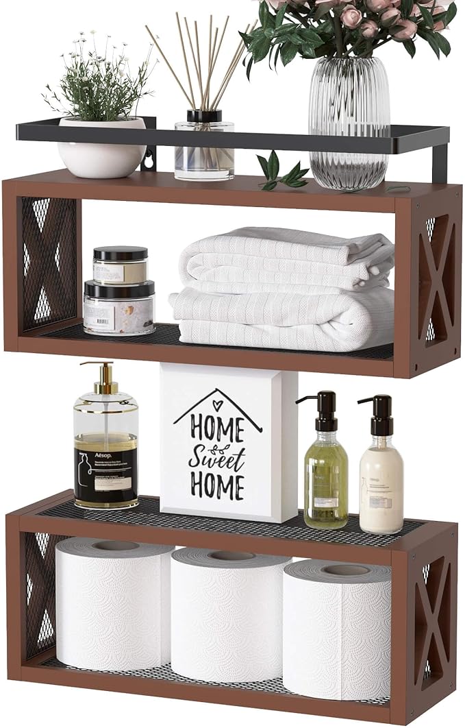 RICHER HOUSE Floating Wood Shelves with Guardrail, Rustic Brown, Wall Mounted, 2 Shelves, Farmhouse Style