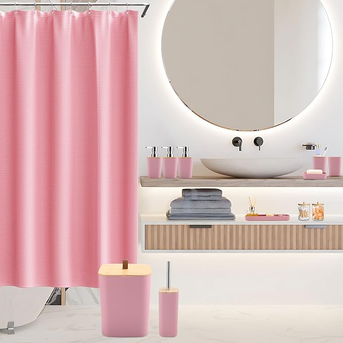 Bathroom Sets with Shower Curtain and Rugs, 27PCS Pink Bathroom Accessories Set with Trash Can, Pink Shower Curtain Set, No Slip Super Absorbent Bathroom Rugs
