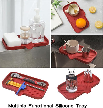 Silicone Bathroom Soap Dishes with Drain Spout-Bathroom and Kitchen Sink Organizer,Sponge Holder,Dish Soap Tray,Perfect for Dispenser,Scrubber,Bottle,Cup on Sink or Counter-Red 9.6"×5.3"