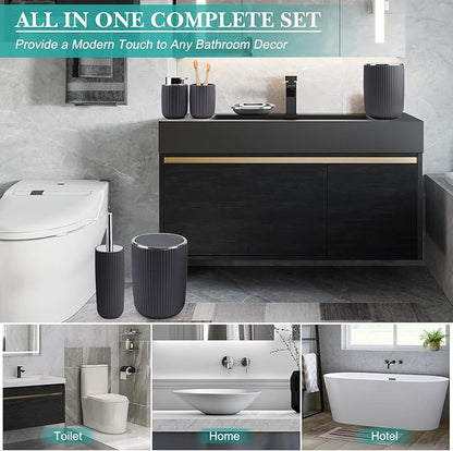 Boperzi Bathroom Accessories Set Complete: 8pc Bathroom Accessory Set with Trash Can 2pc for Floor/Counter, Toilet Brush, Soap Dispenser, Toothbrush Holder, Adhesive Hook, Grey Modern Bathroom Set