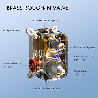 ELLO&ALLO Shower Tub Shower Faucet Set Brushed Nickel Mixing Valve and Trim Kit, Rainfall Waterfall Shower Head with Handheld Combo