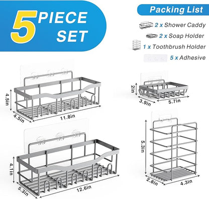 5-Pack Rustproof Stainless Steel Shower Caddy – No Drill Adhesive Bathroom Organizer with Large Capacity, Spacious Shower Shelves for Inside Shower, Kitchen & Home Decor Storage-XL Size