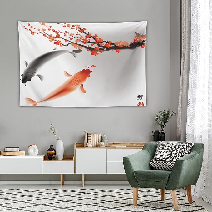 Japanese Koi Fish Tapestry, Cherry Blossoms Asian Oriental Flower Branch Koi Fish Carp Tapestries Wall Hanging for Bedroom Living Room Office Decor 60"x40"