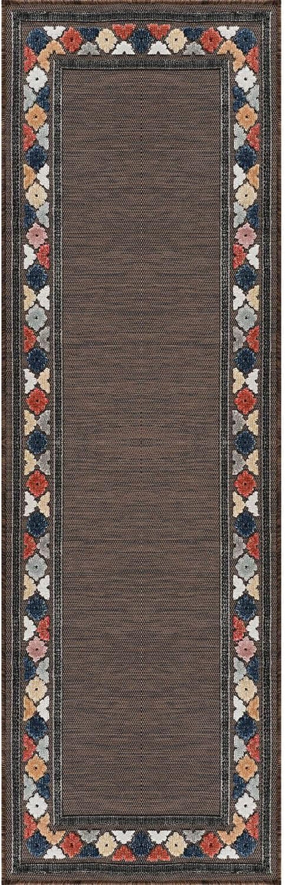 Beverly Rug Outdoor Runner Rug 2x7 Modern Floral Bordered Area Rugs for Indoor and Outdoor Patio Easy to Clean Non Shedding Living Room Porch Garden Washable Outside Carpet (2 x 7 Brown)