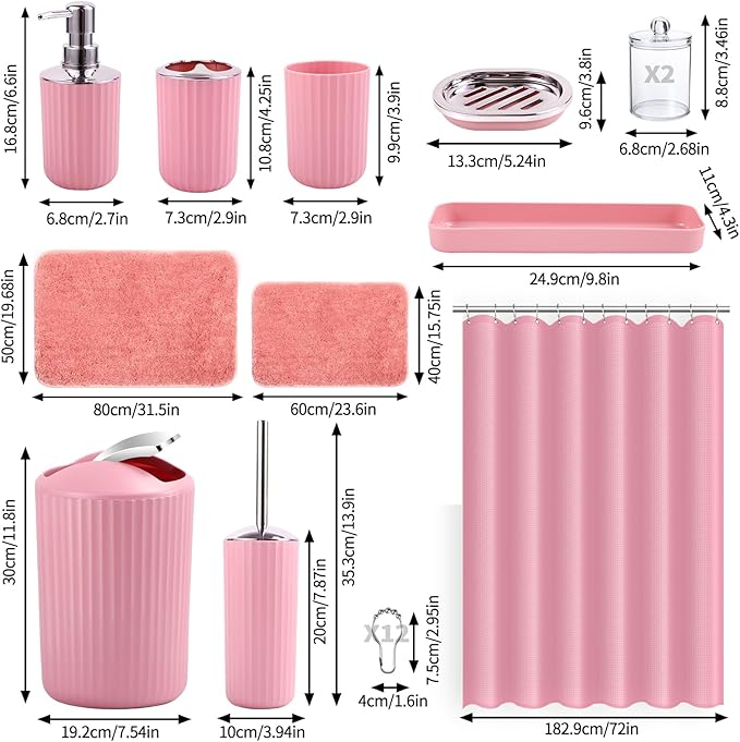 24 PCS Pink Bathroom Accessories Set with Shower Curtain and Rugs, Bathroom Sets with Extra Soft and Absorbent Bath Rugs Shower Curtain Pink Bathroom Sets for Bath