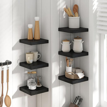 8 Inch Square Floating Shelves for Wall 3 Pack, 8"D Wood Grain Bathroom Shelves with Invisible Brackets, Easy Install Engineered Wood Storage Shelves for Kitchen, Living Room, Bedroom, Black Finish