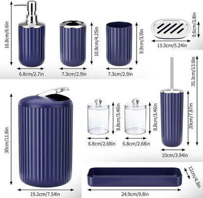 9PCS Nave Blue Bathroom Accessories Set Complete with Trash Can, Vanity Tray, Soap Dispenser, Soap Dish, Toothbrush Holder, Toothbrush Cup, Toilet Brush and Qtip Holders