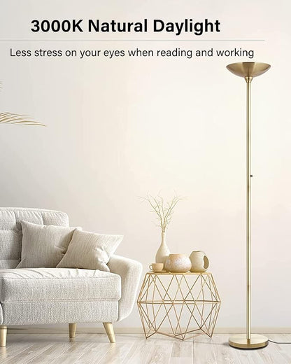 BoostArea Torchiere Floor Lamp Gold, 30W Super Bright LED Standing Lamp, 3000K Stepless Dimmable Pole Lamp with Rotary Switch, 70 Inch Tall Metal Modern Floor Lamps for Living Room/Bedroom/Office/Den